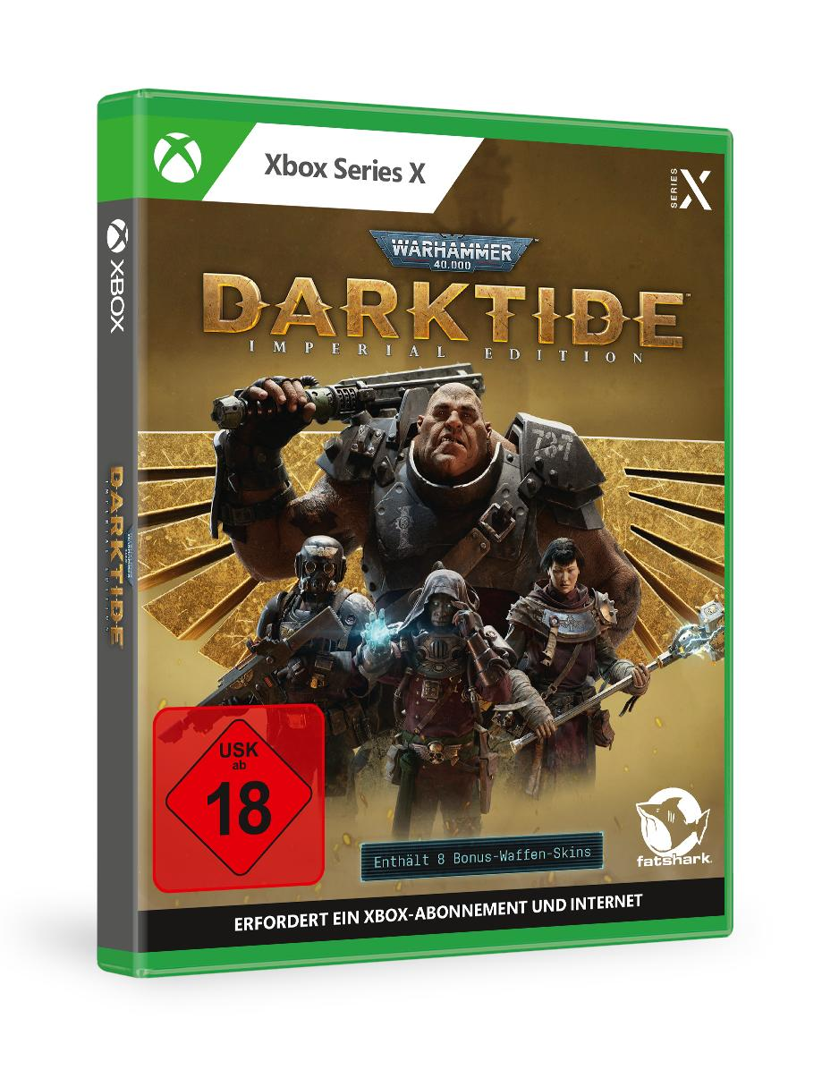 Xbox Series X Spielbox: Warhammer 40.000: Darktide. Zeigt Spielfiguren auf der Vorderseite.