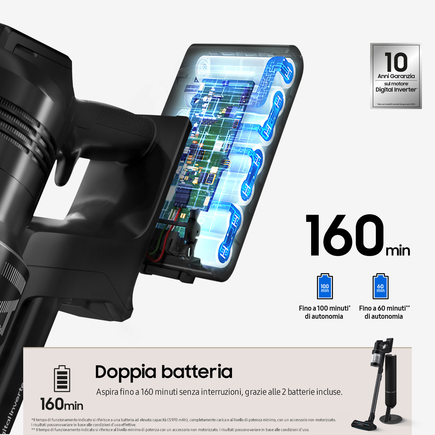 Un aspirapolvere senza fili nero che mostra la durata della batteria, insieme a testo e icone.
