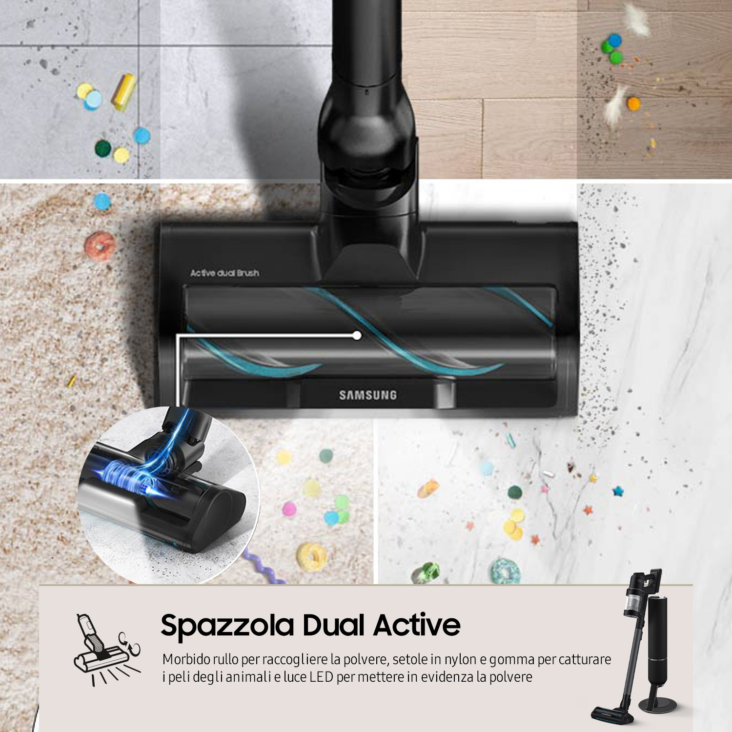 Testina aspirapolvere con testo: Dual Active Brush.