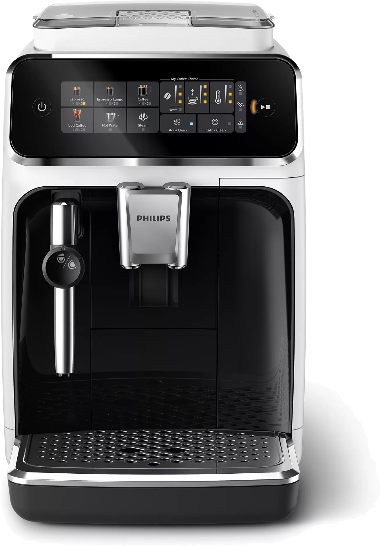 Fehér-fekete Philips eszpresszógép érintőképernyővel és kávéválasztékkal.