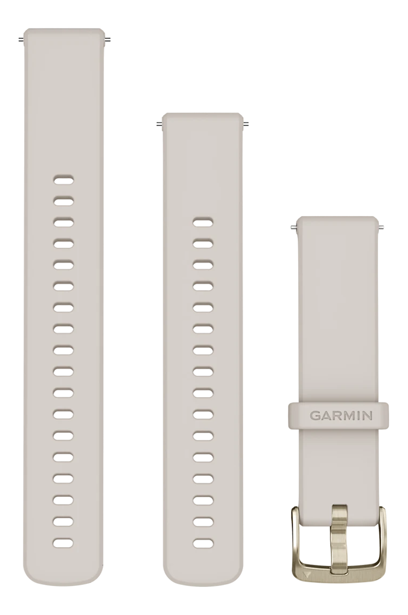 Drei hellbeige Uhrenarmbänder. Eines hat eine Schnalle. Alle haben Löcher zur Anpassung.