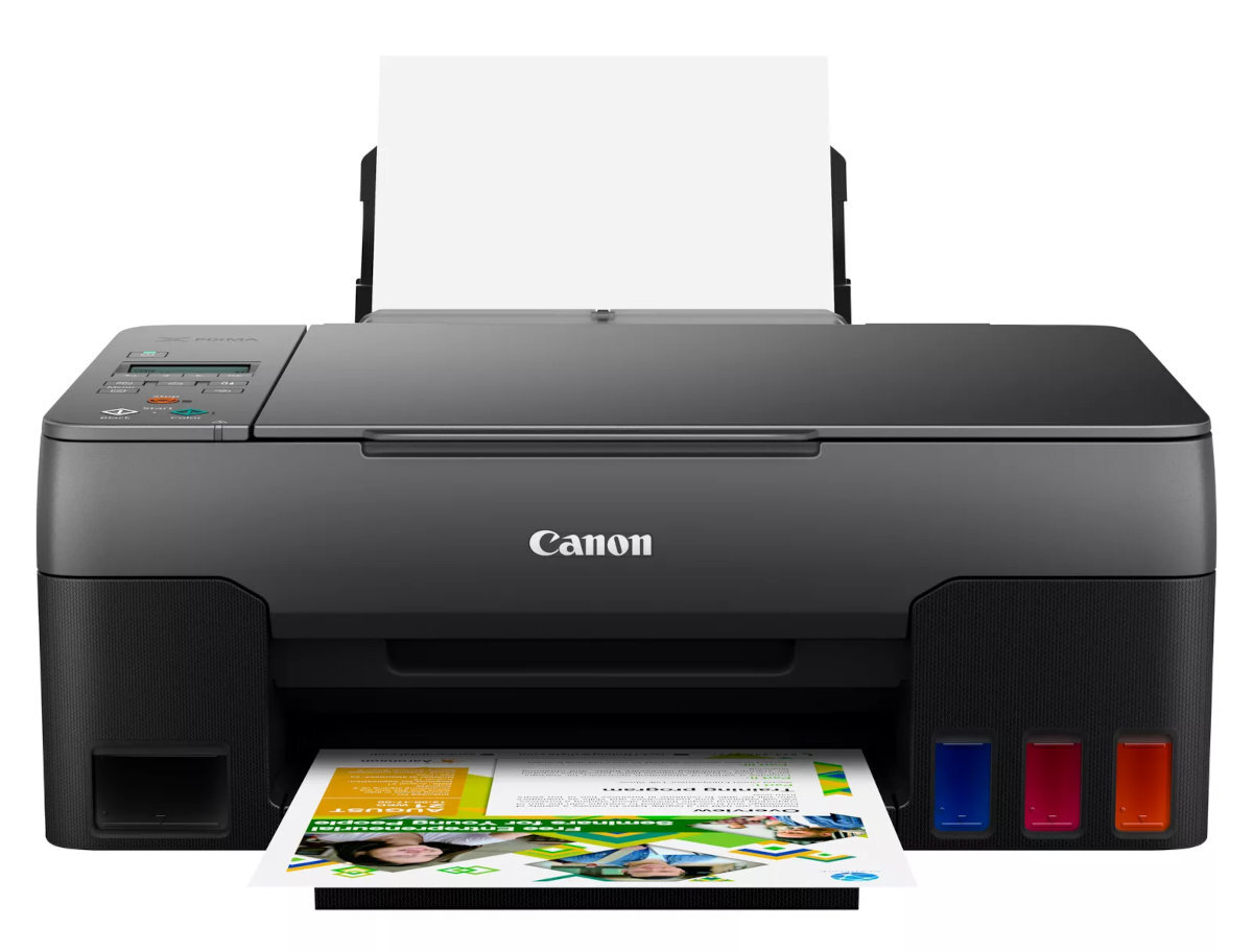 Drukarka Canon drukująca dokument. Pokazuje wyjście papieru i wkłady z tuszem z wydrukowanymi stronami.