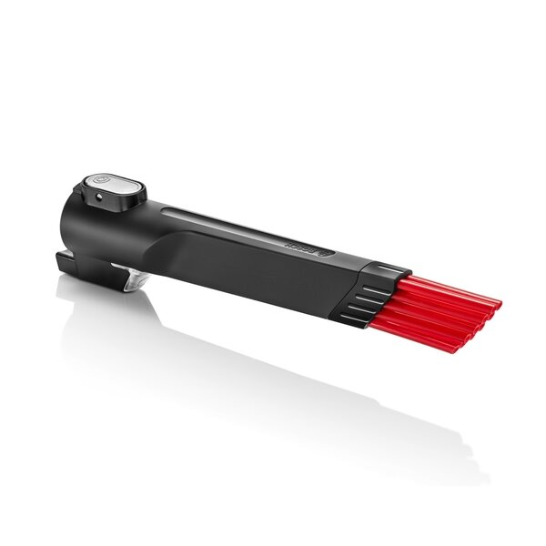 Czarny osprzęt do odkurzacza z czerwonym włosiem. Posiada przycisk i logo Bosch.