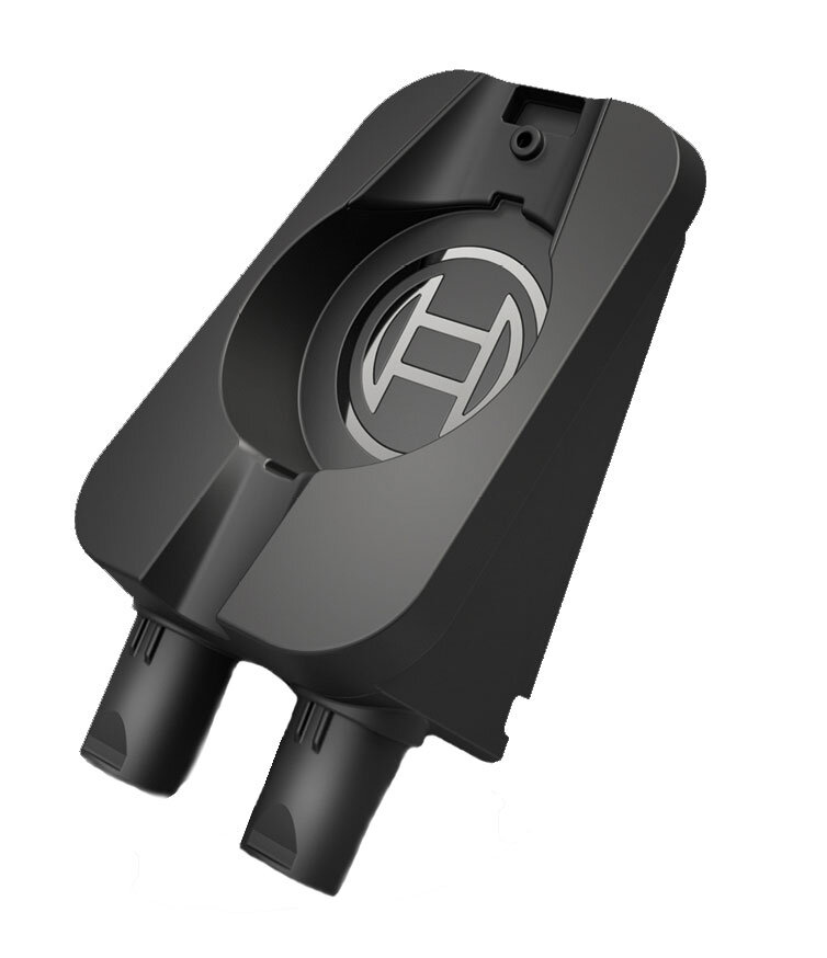 Czarna stacja ładowania z logo Bosch, z dwoma portami ładowania.