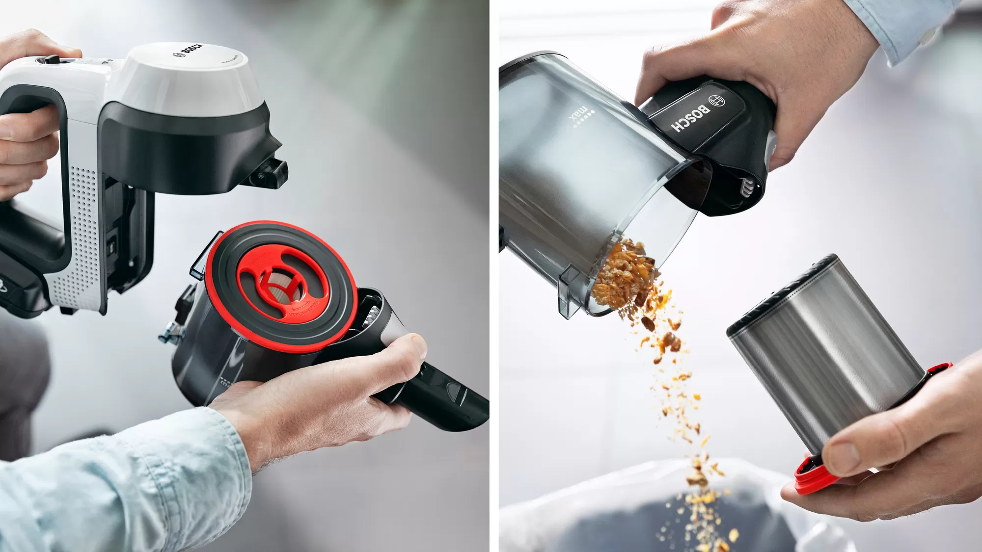 Dwa obrazy pokazujące części odkurzacza Bosch podczas demontażu. Skupienie na szczegółach.