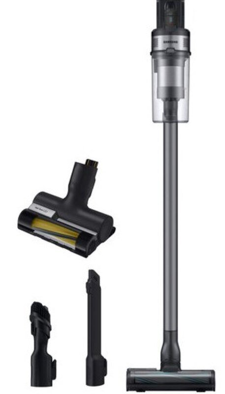 Odkurzacz Samsung z akcesoriami. Szare i czarne kolory. Białe tło.