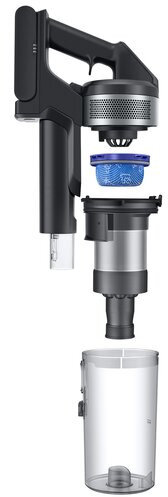 Widok rozstrzelony czarno-srebrnego odkurzacza bezprzewodowego z rozdzielonymi elementami.