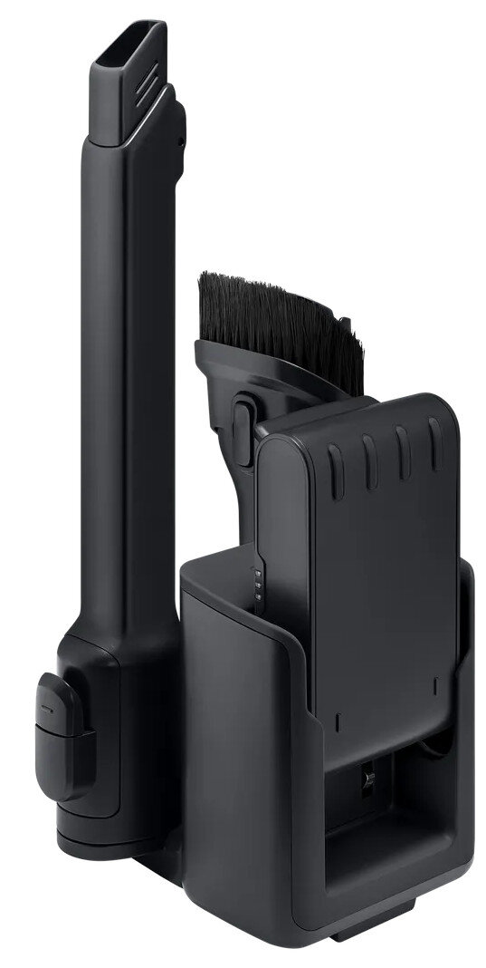 Czarne akcesoria do odkurzacza. Zawiera szczotkę, długą dyszę i stację ładującą.