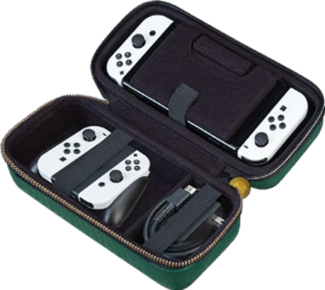 Grüne Hülle, offen, mit Switch-Konsole und Controllern, mit schwarzem Kabel.