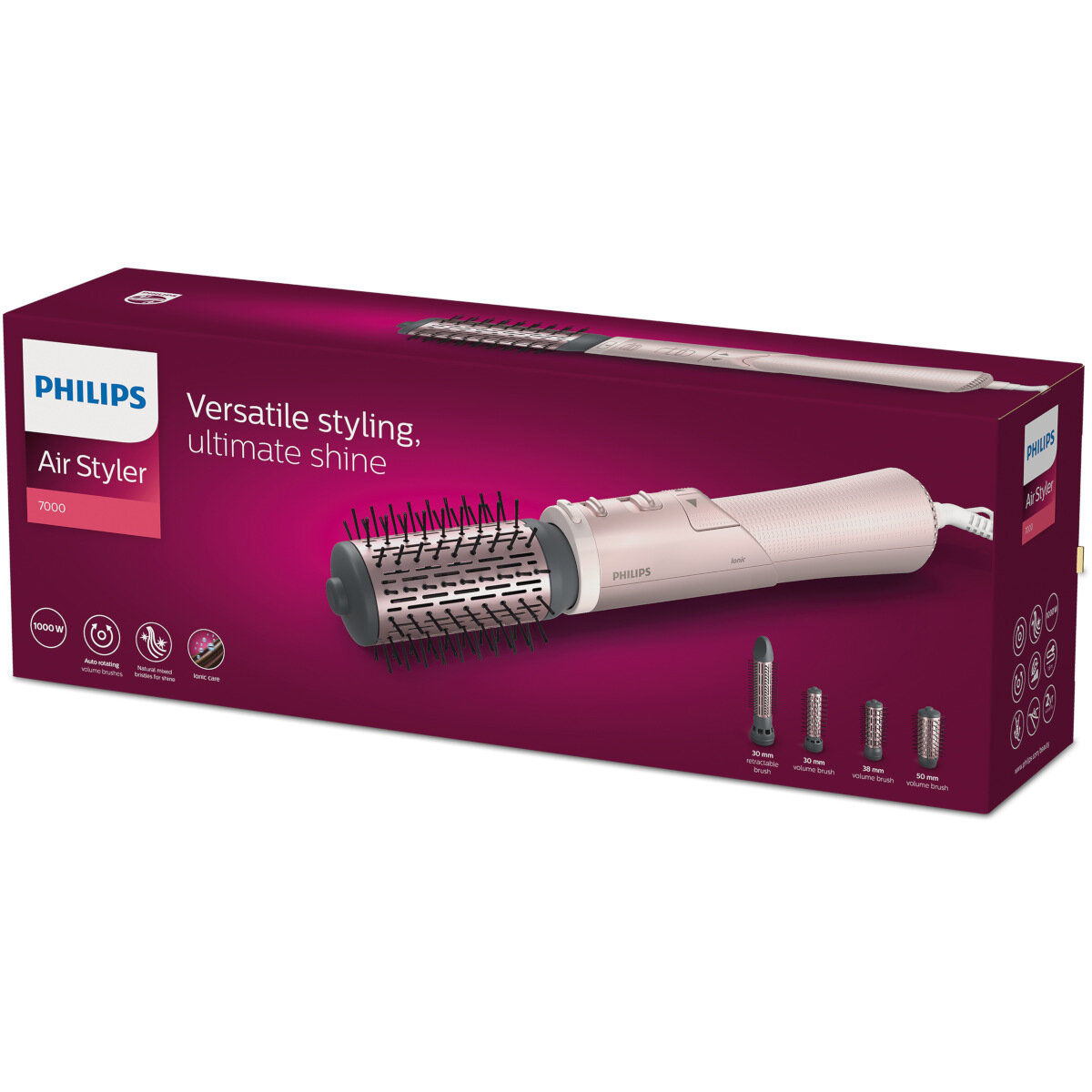 Różowe pudełko Philips Air Styler z widocznym stylerem i nasadkami.
