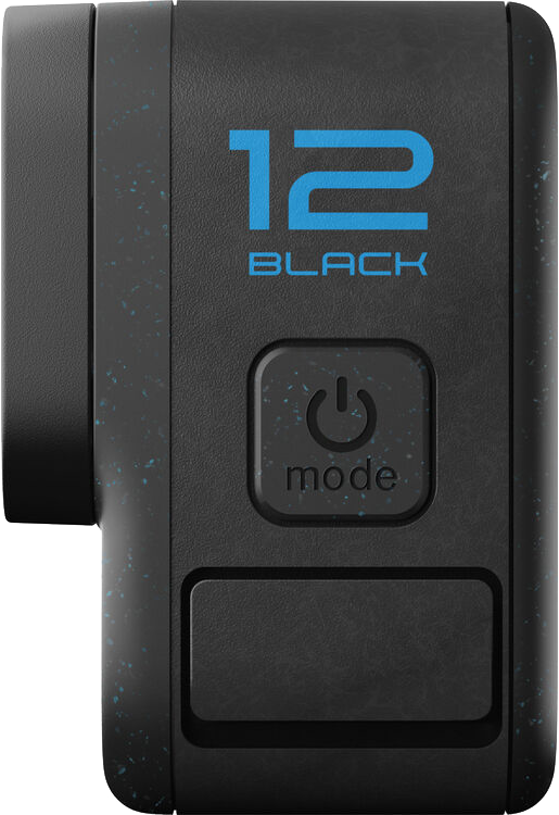 GoPro 12 Black kamera oldalsó nézet, fekete. Bekapcsoló gomb és mód gomb látható.