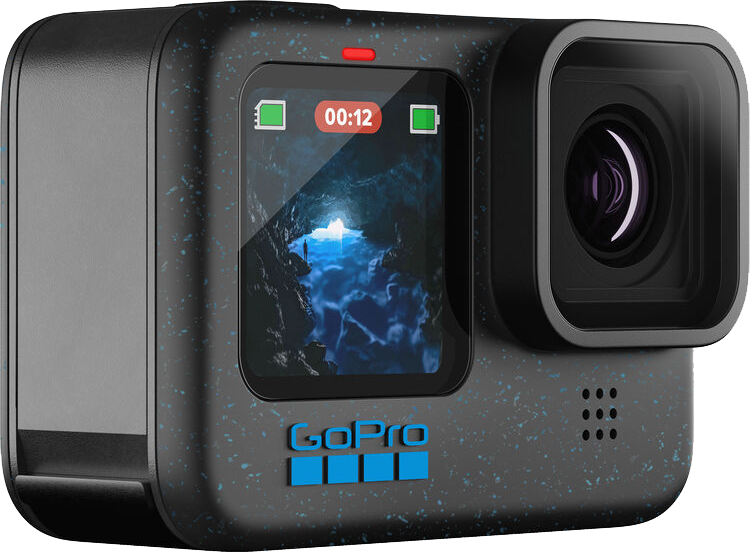 GoPro kamera képernyővel, mely egy víz alatti jelenetet mutat. Piros fény felül.