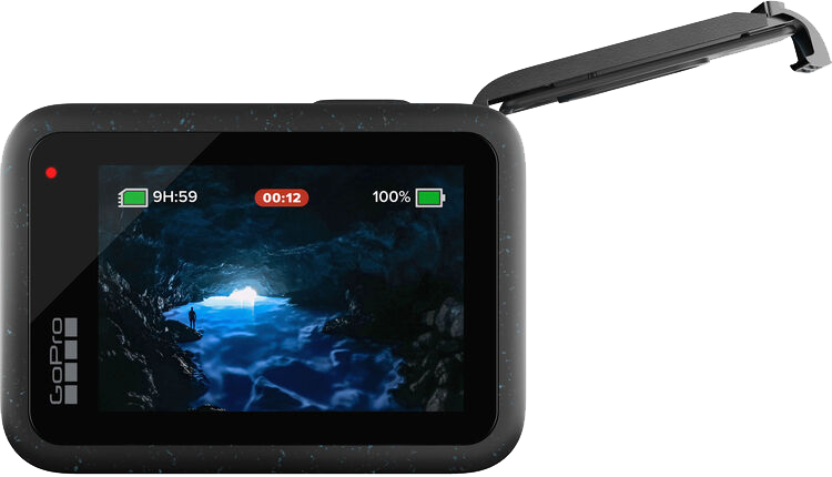 GoPro kamera, a képernyőn egy víz alatti barlang, akkumulátor és idő.