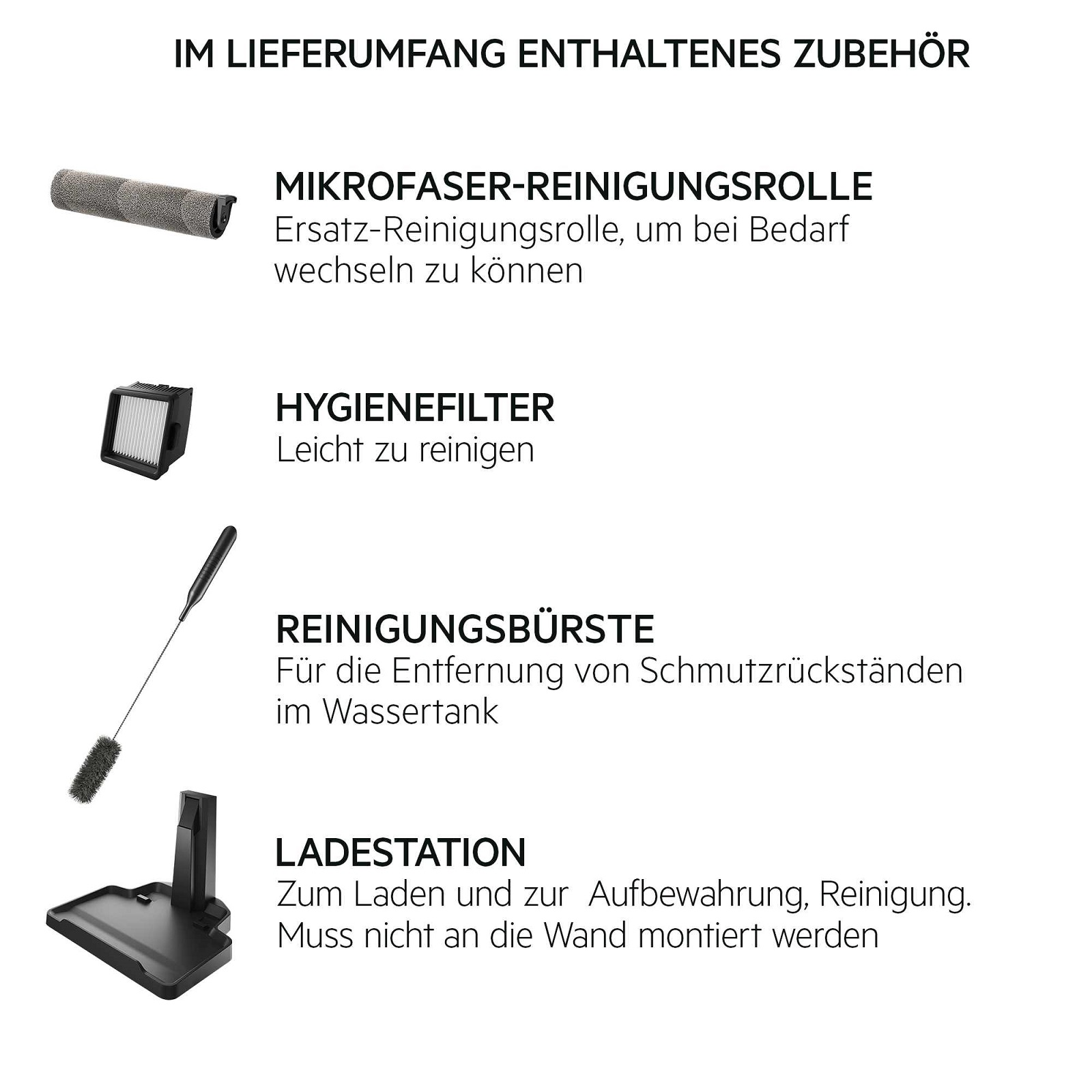 Zubehör für einen Reinigungsroboter: Mikrofaserrolle, Filter, Bürste und Ladestation.