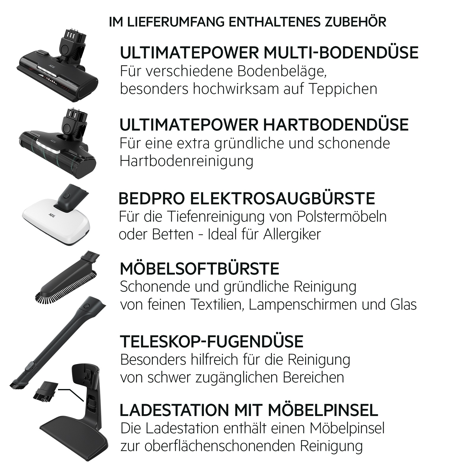 Staubsaugerzubehör, einschließlich verschiedener Düsen zur Reinigung.