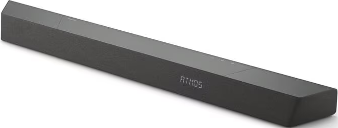 Une barre de son noire avec 'ATMOS' écrit dessus, vue en angle.