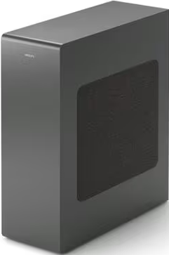 Caisson de basses noir avec un panneau avant en mesh, sur fond blanc. Forme simple, carrée.