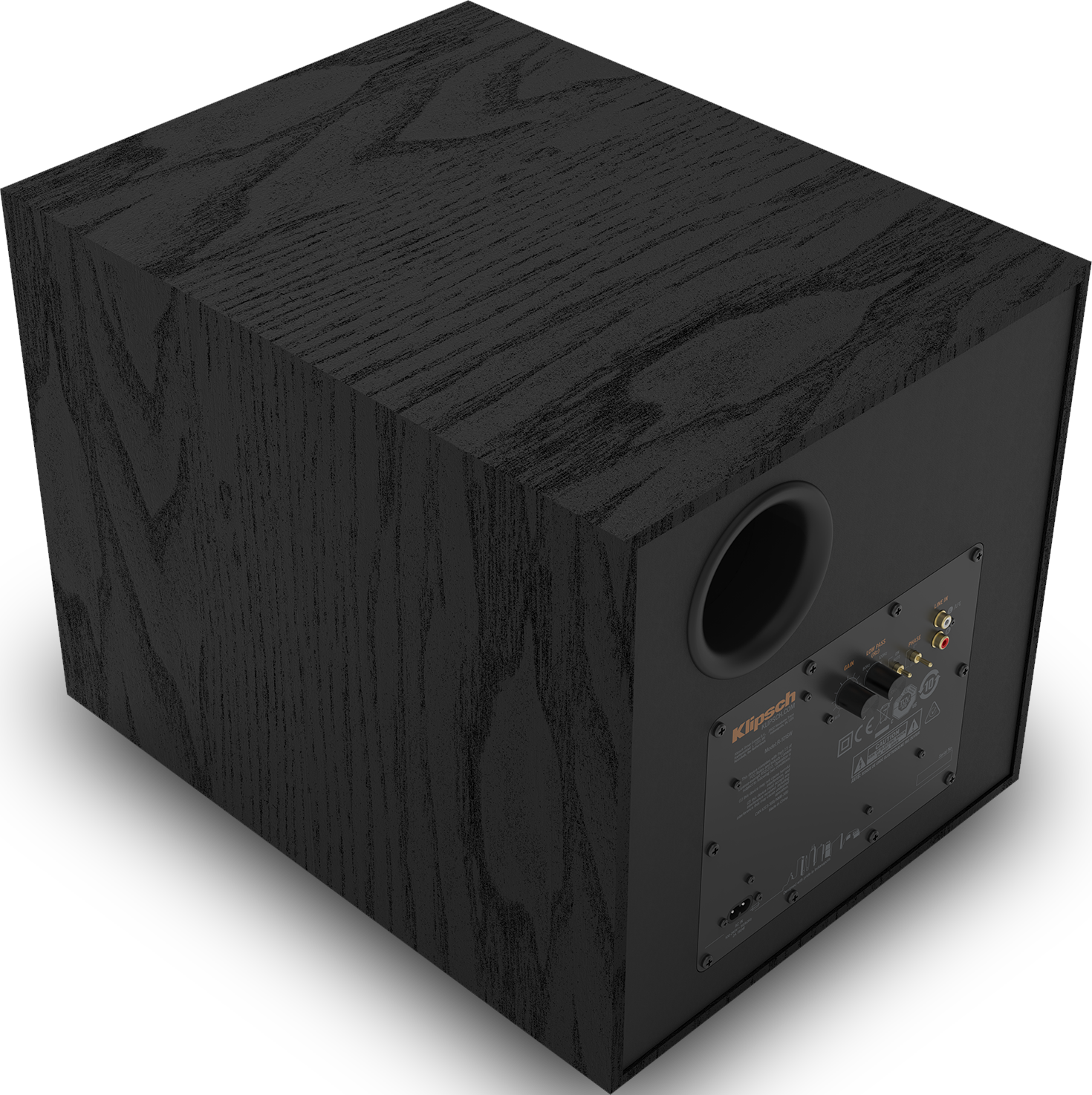 Ein schwarzer Subwoofer mit dunkler Holzmaserung. Er hat einen Lautsprecher und ein Bedienfeld auf der Rückseite.