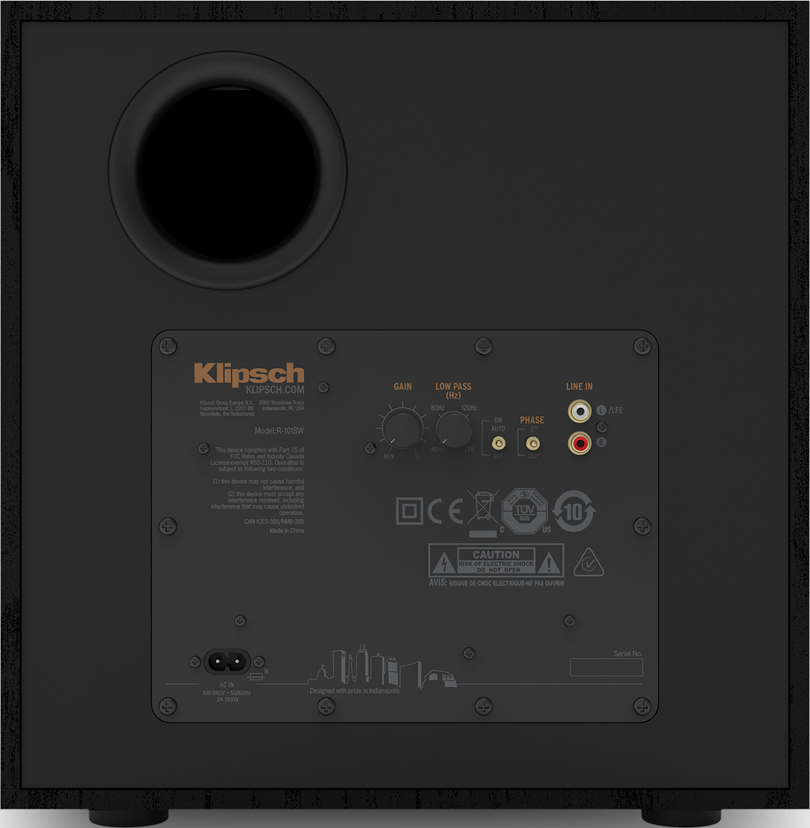 Rückseite eines Subwoofers. Mit Klipsch-Logo, Eingangsanschlüssen und Bedienknöpfen.