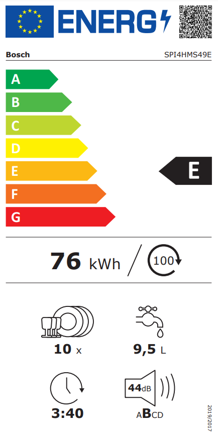 Energia címke egy Bosch mosogatógéphez. E energiahatékonysági osztály, fogyasztási adatok, vízfelhasználás.