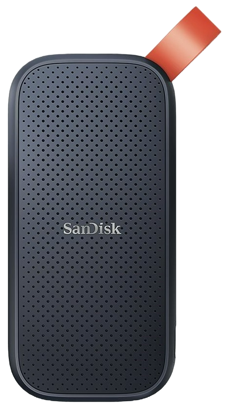 Schwarze externe Festplatte von Sandisk mit rotem Riemen. Das Laufwerk hat viele kleine Löcher.