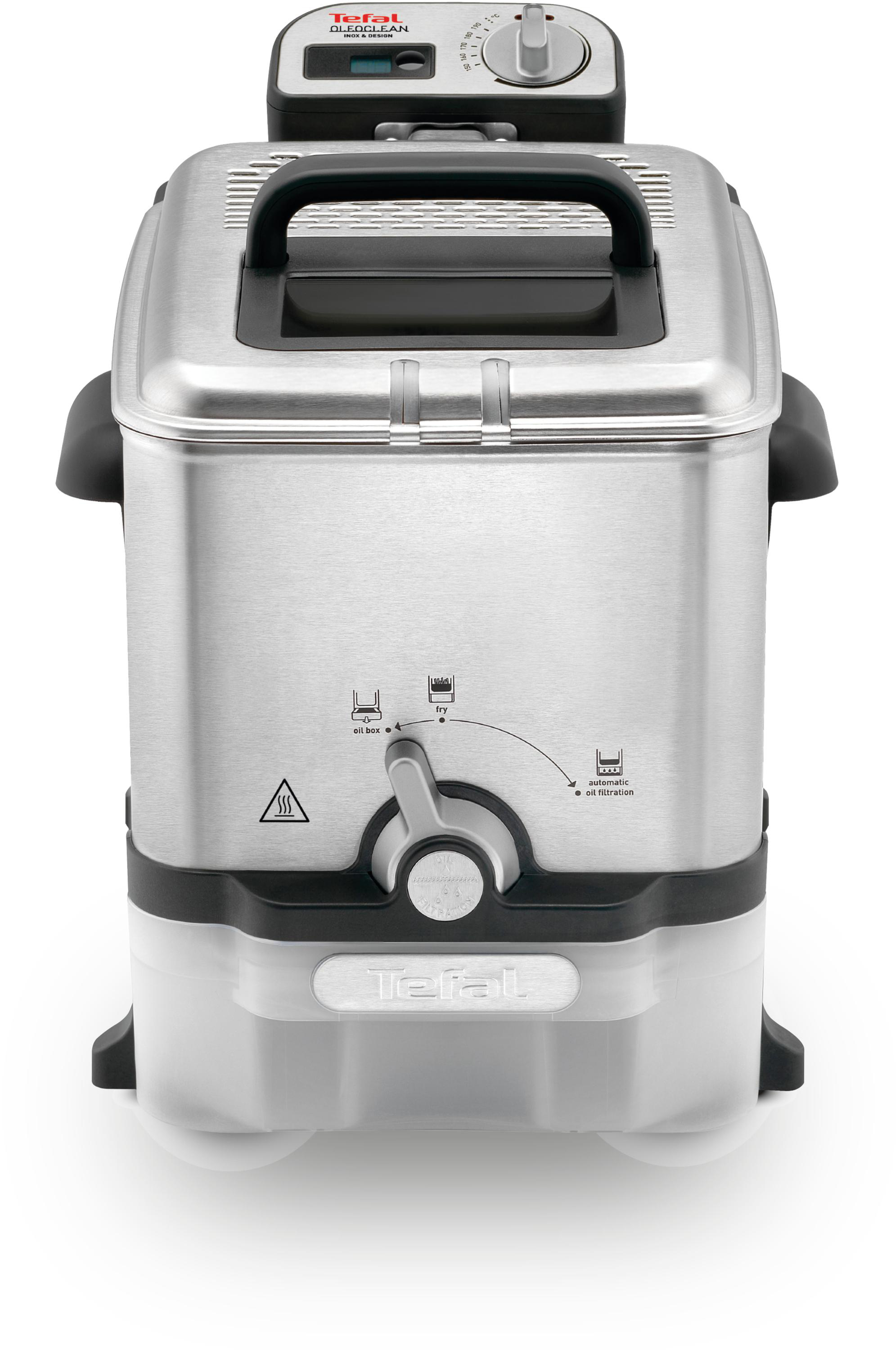 Edelstahl-Tefal-Fritteuse auf weißem Hintergrund.