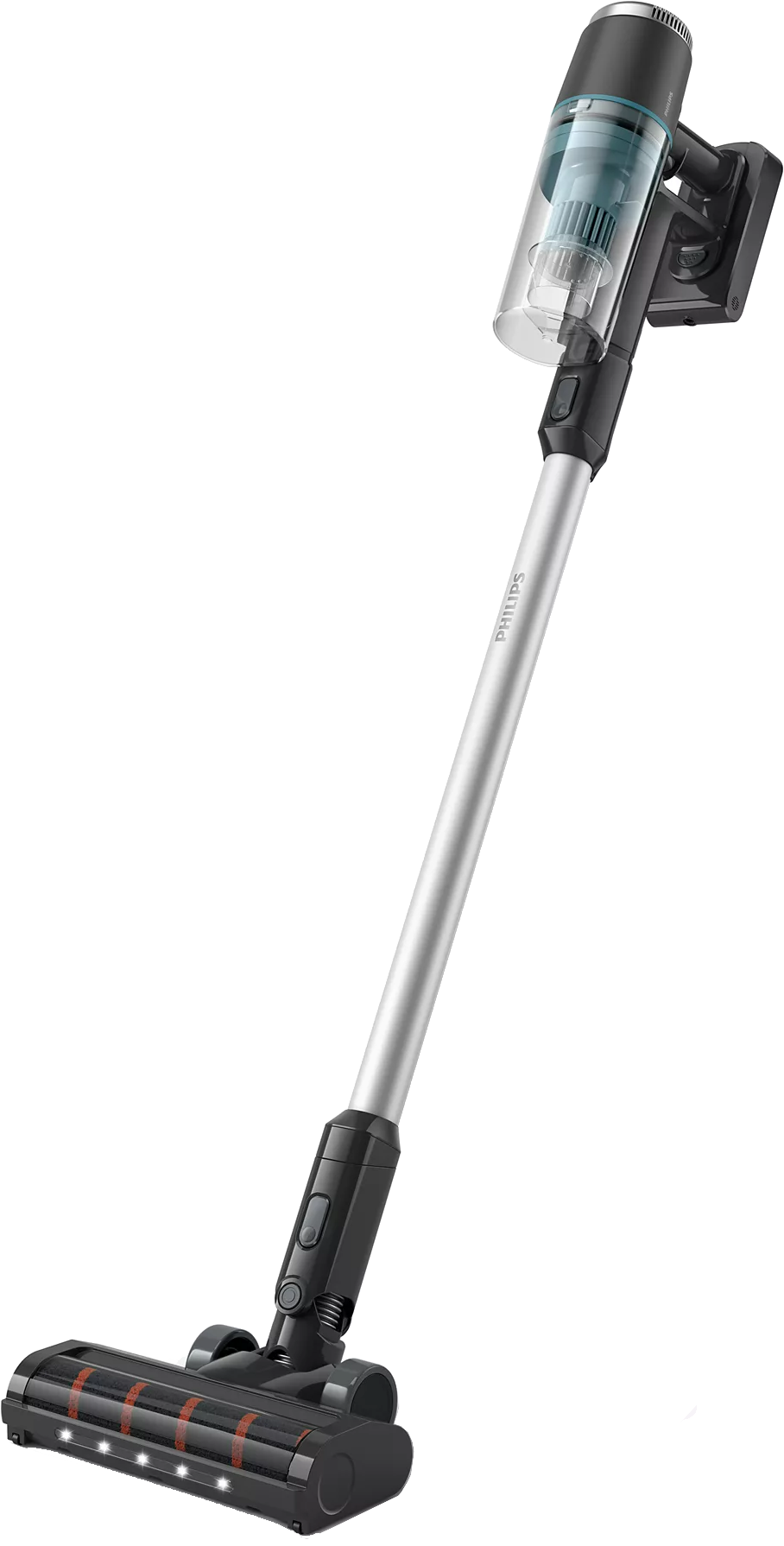 Vezeték nélküli fekete-ezüst Philips porszívó fekete háttéren, felfelé áll.