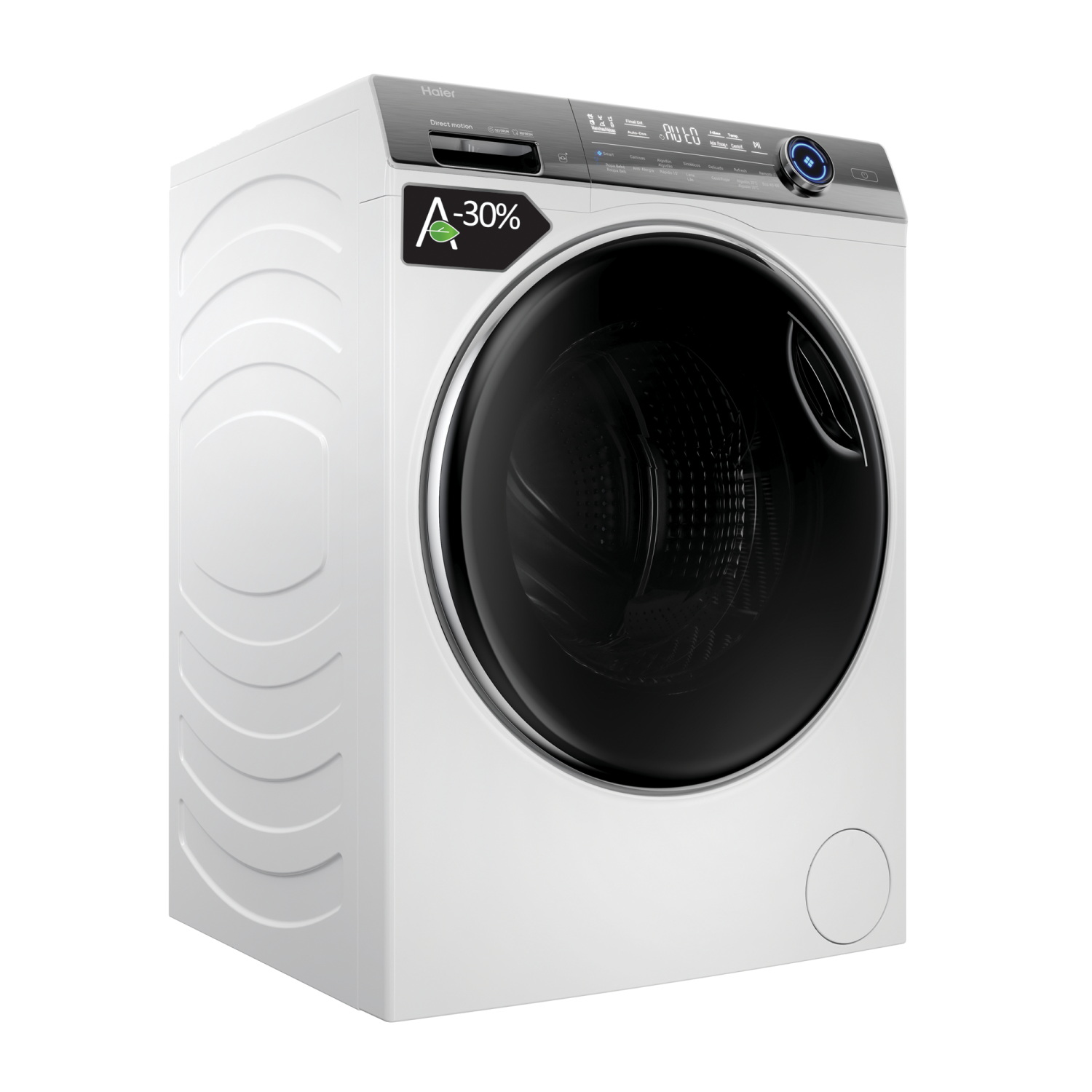 Lavadora blanca con puerta negra. Tiene una pantalla digital y botones.