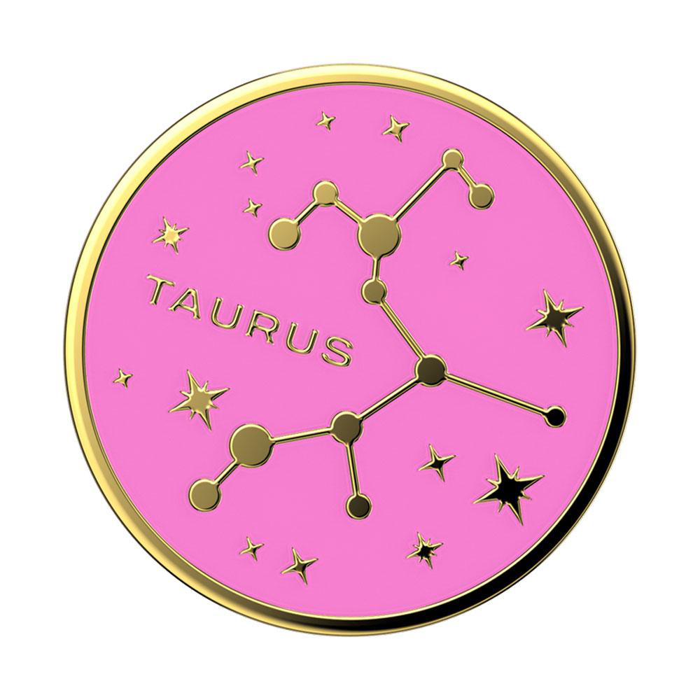 Ein rosa Stier-Sternzeichen-Anstecknadel mit goldenem Rand und Sternendetails auf weißem Hintergrund.
