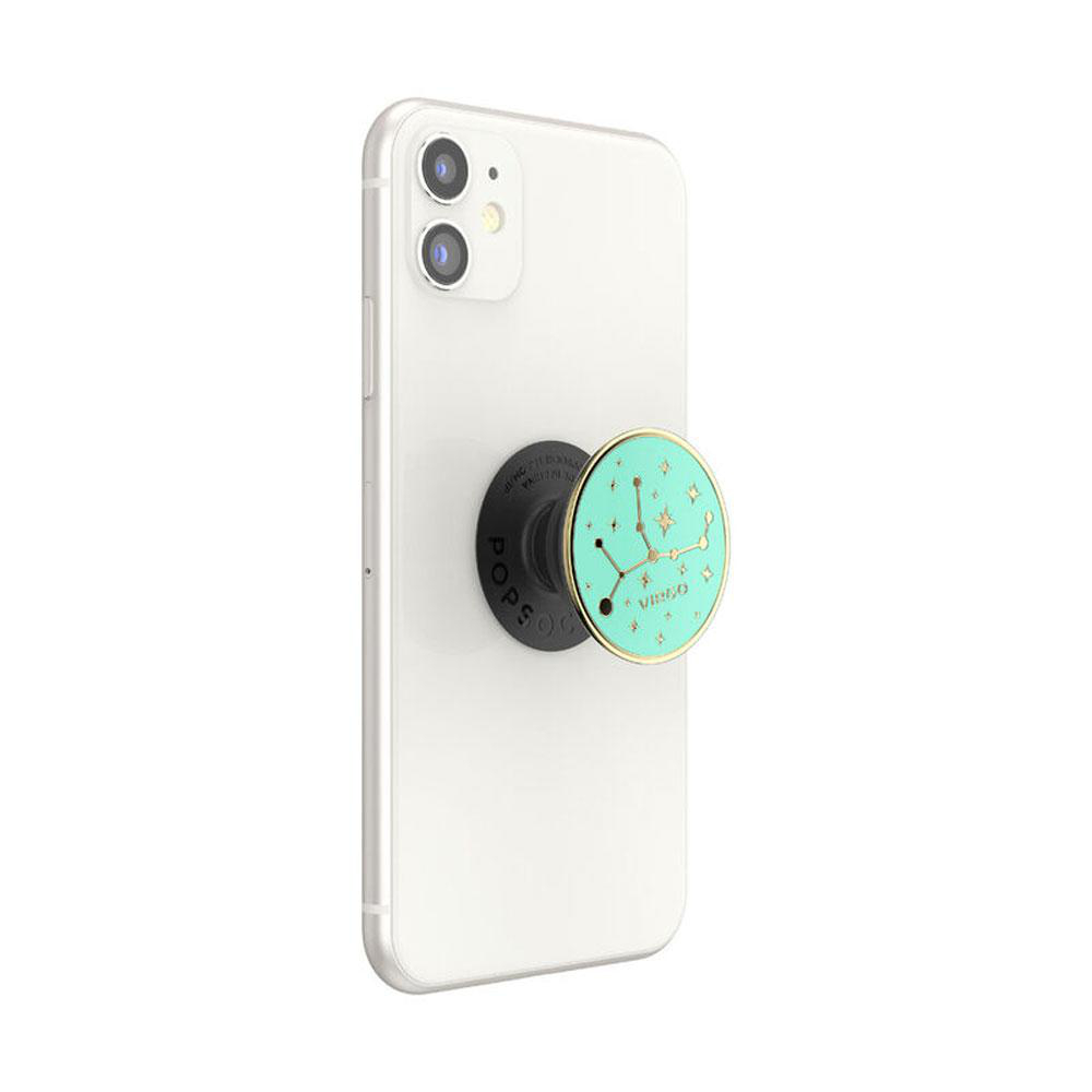 Telefon mit Popsocket. Popsocket ist türkis mit der Sternenkonstellation des Sternzeichens Jungfrau.