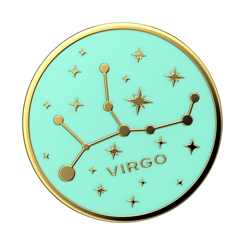 Ein runder, türkisfarbener Anstecker mit goldenem Rand. Er zeigt das Sternbild Jungfrau und das Wort 'VIRGO' in Gold.