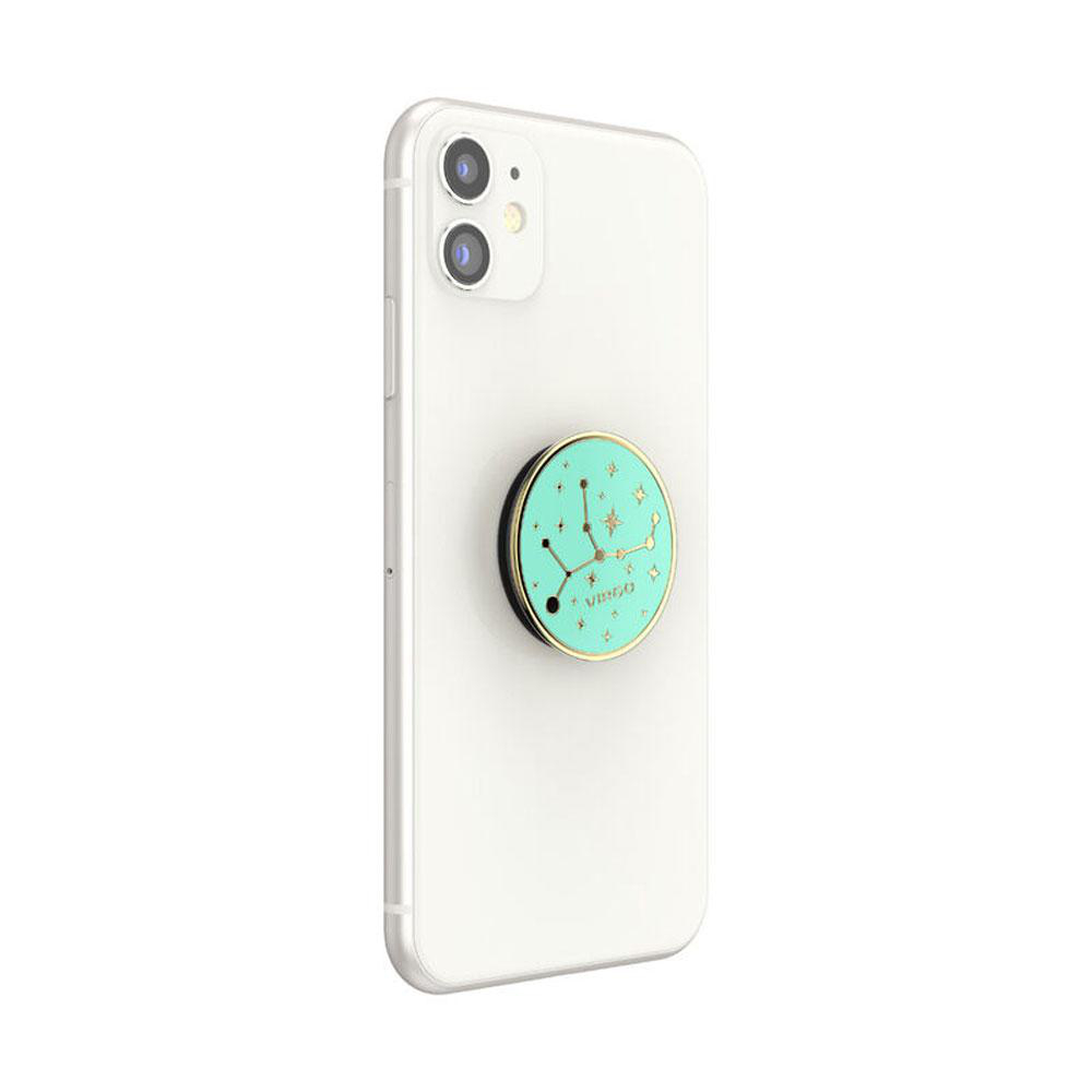 Weißes Telefon mit türkisem Jungfrau PopSocket mit goldenen Akzenten.