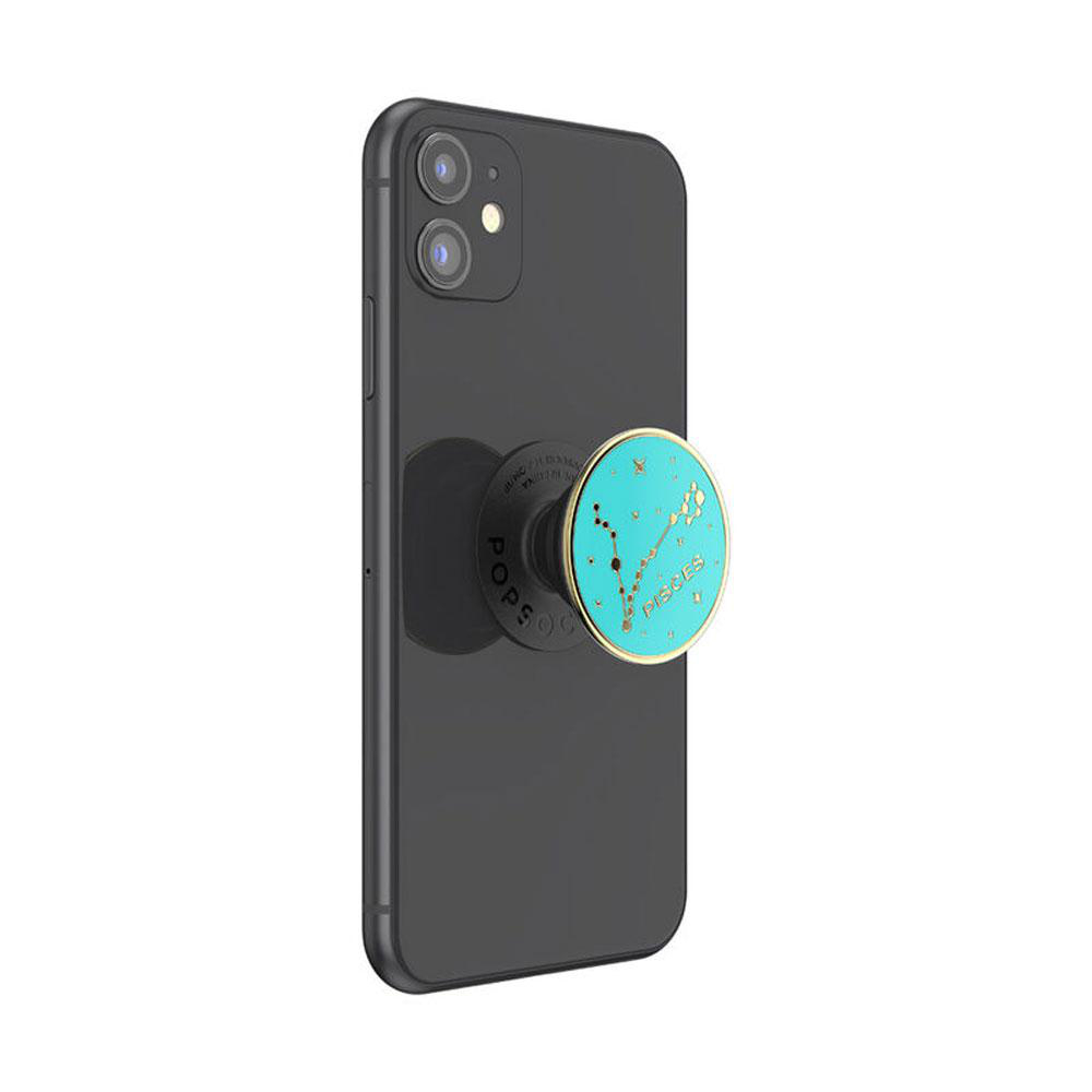 Ein schwarzes Telefon mit Pop-Socket, das das Fische-Symbol zeigt.