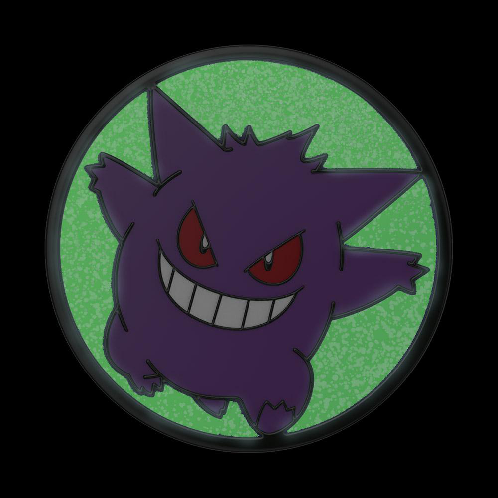 Eine lila Gengar-Charakterillustration in einem grünen Kreis auf schwarzem Hintergrund.