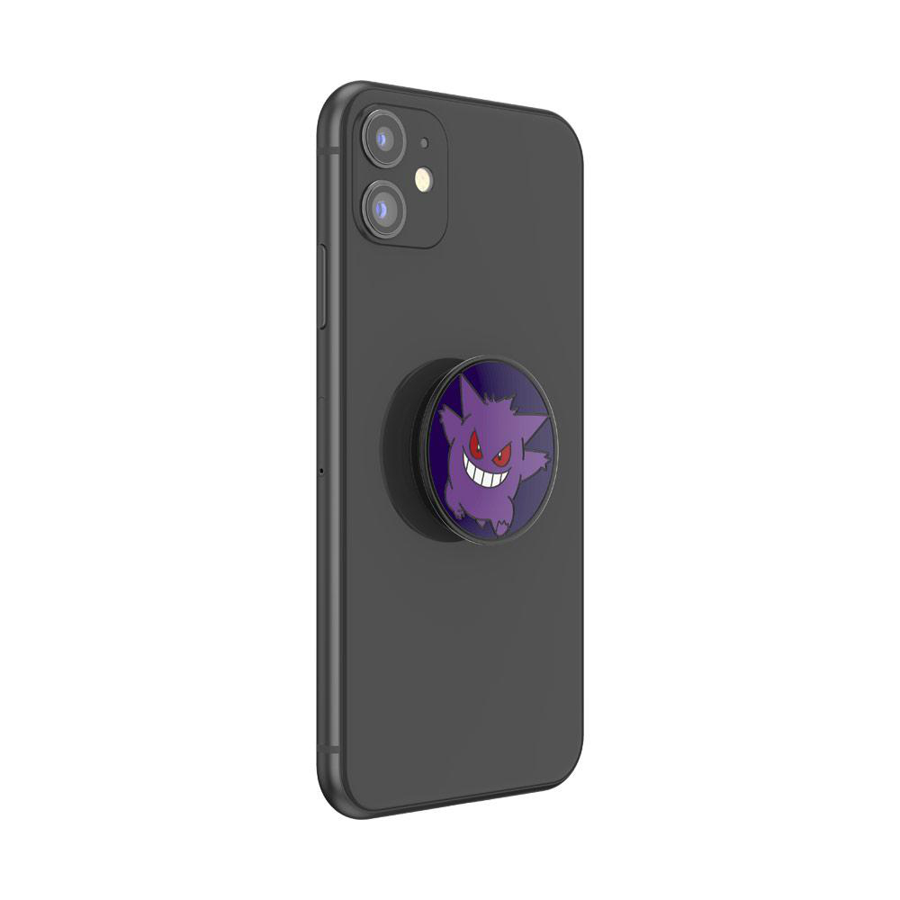 Schwarzes Telefon mit einem lila Cartoon-Charakter-Pop-Socket auf der Rückseite.