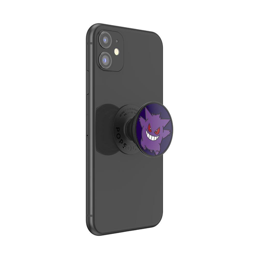 Schwarzes Telefon mit einem Gengar PopSocket. Gengar ist lila und grinst.