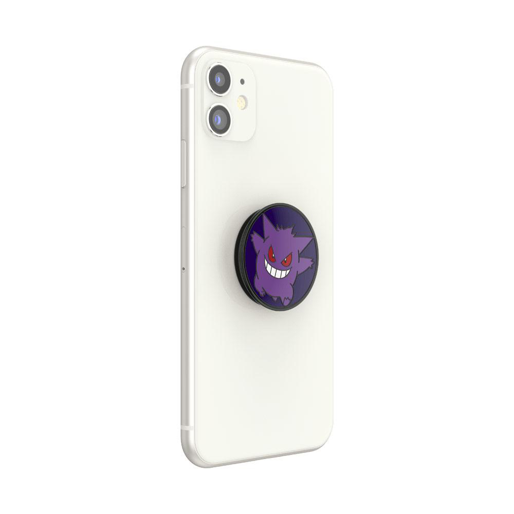 Ein weißes Telefon mit einem Gengar PopSocket darauf, vor weißem Hintergrund.