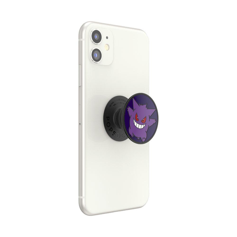 Weißes iPhone mit einem Gengar PopSocket. Gengars Gesicht ist auf dem PopSocket zu sehen.