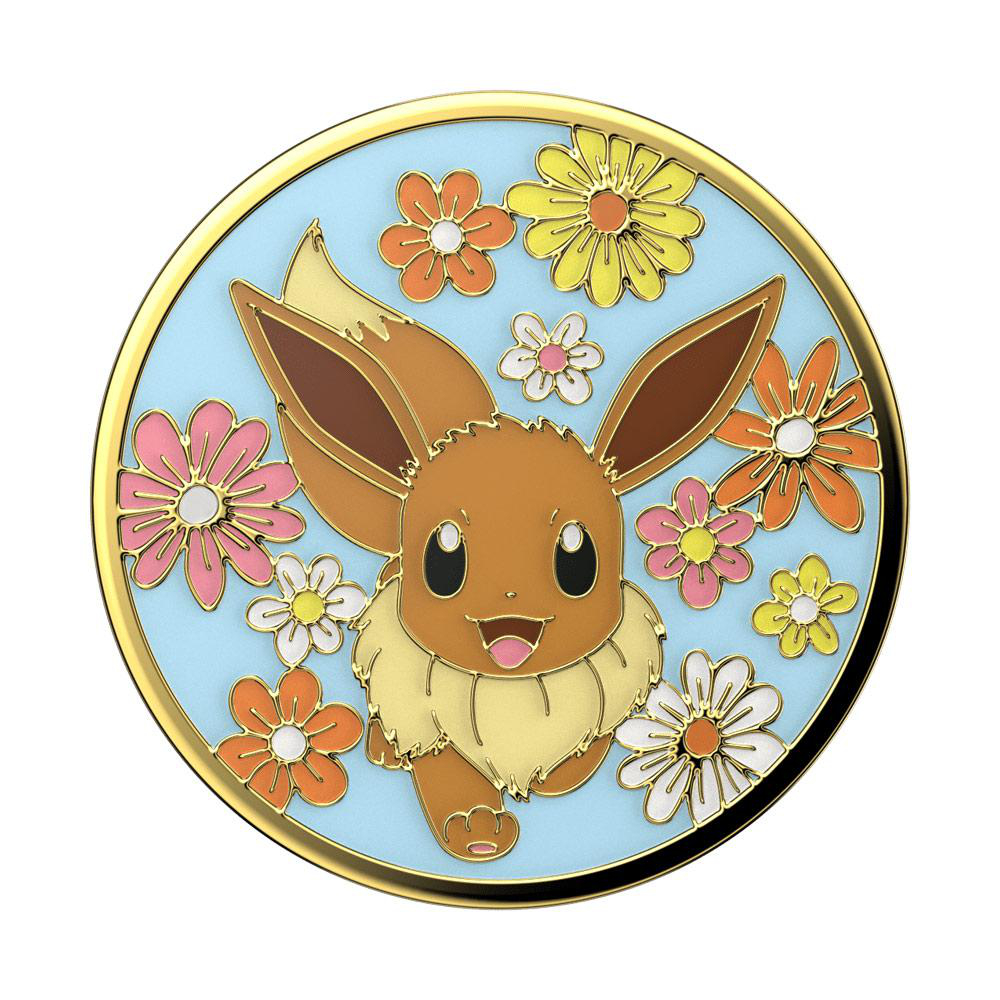 Eevee PopSocket mit blauem Blumenvorhang und goldfarbener Einfassung. Evoli lächelt mittig.
