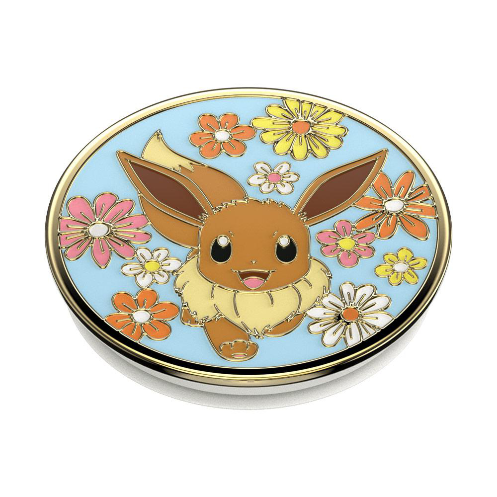 Eevee PopSocket mit hellblauem Hintergrund, braunem Eevee, umgeben von Blumen.