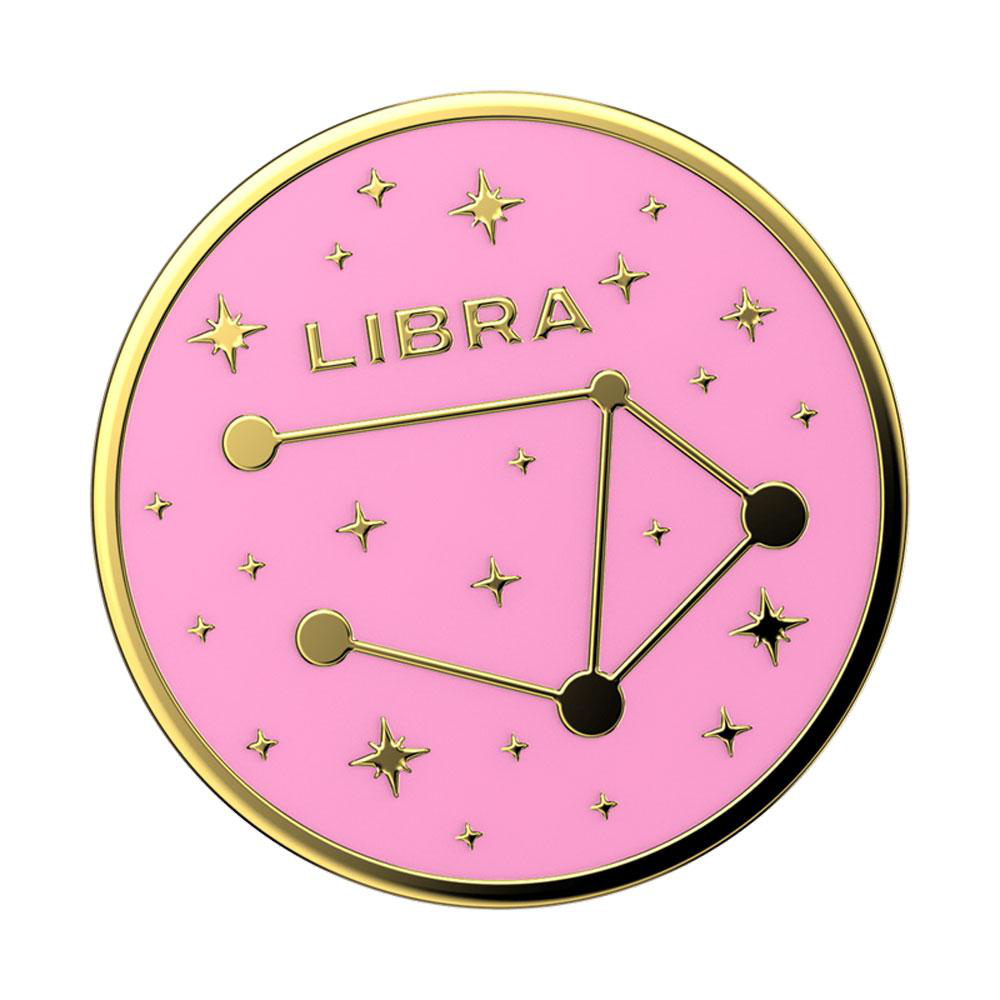Ein pinkfarbener und goldener Waage-Sternzeichen-Pin mit Sternen und Konstellationsdetails.