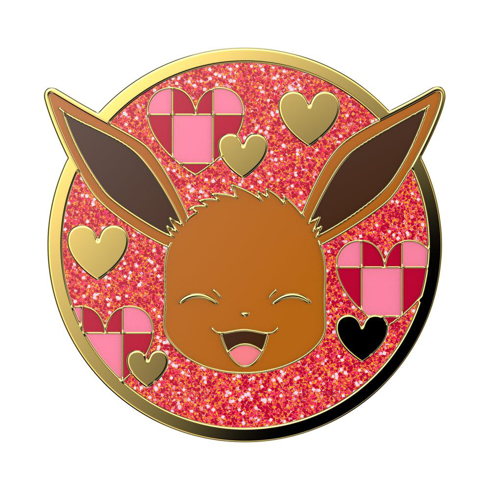 Anstecknadel mit Eevee-Gesicht, Herzen auf rotem Glitzerhintergrund, goldener Rand.