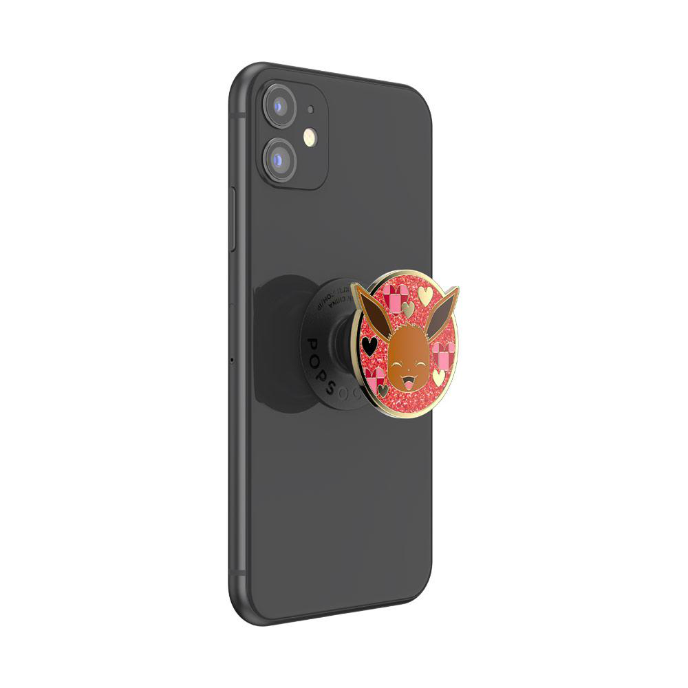 Schwarzes Smartphone mit einem PopSocket mit Evoli-Design.