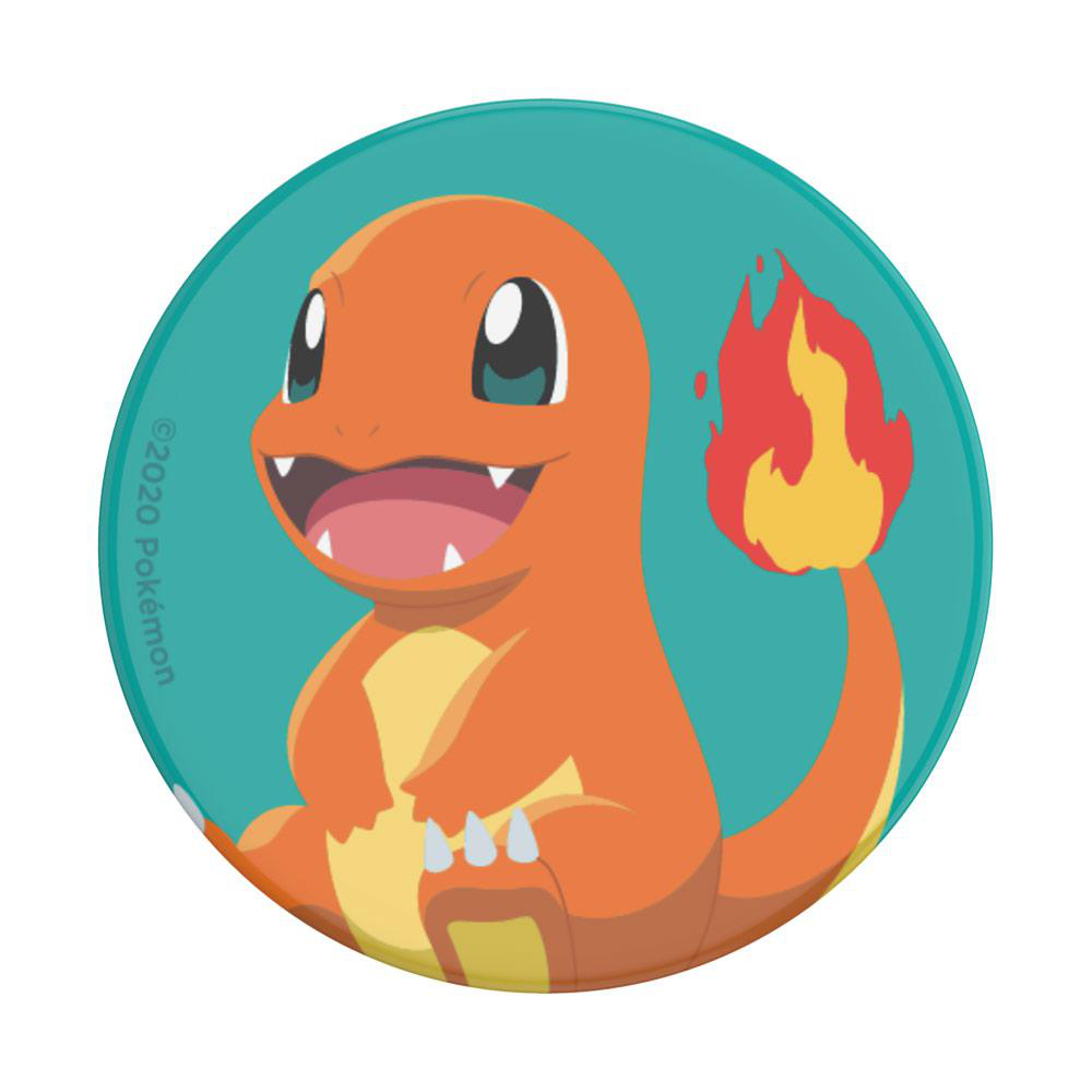 Charmander Pokémon-Charakter auf türkisem Hintergrund, mit Flammen-Schwanz.
