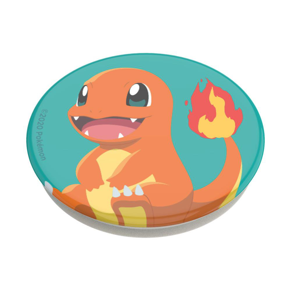 Ein kreisförmiger PopSocket-Griff mit einem Cartoon-Charmander-Bild und dem Pokémon-Logo.