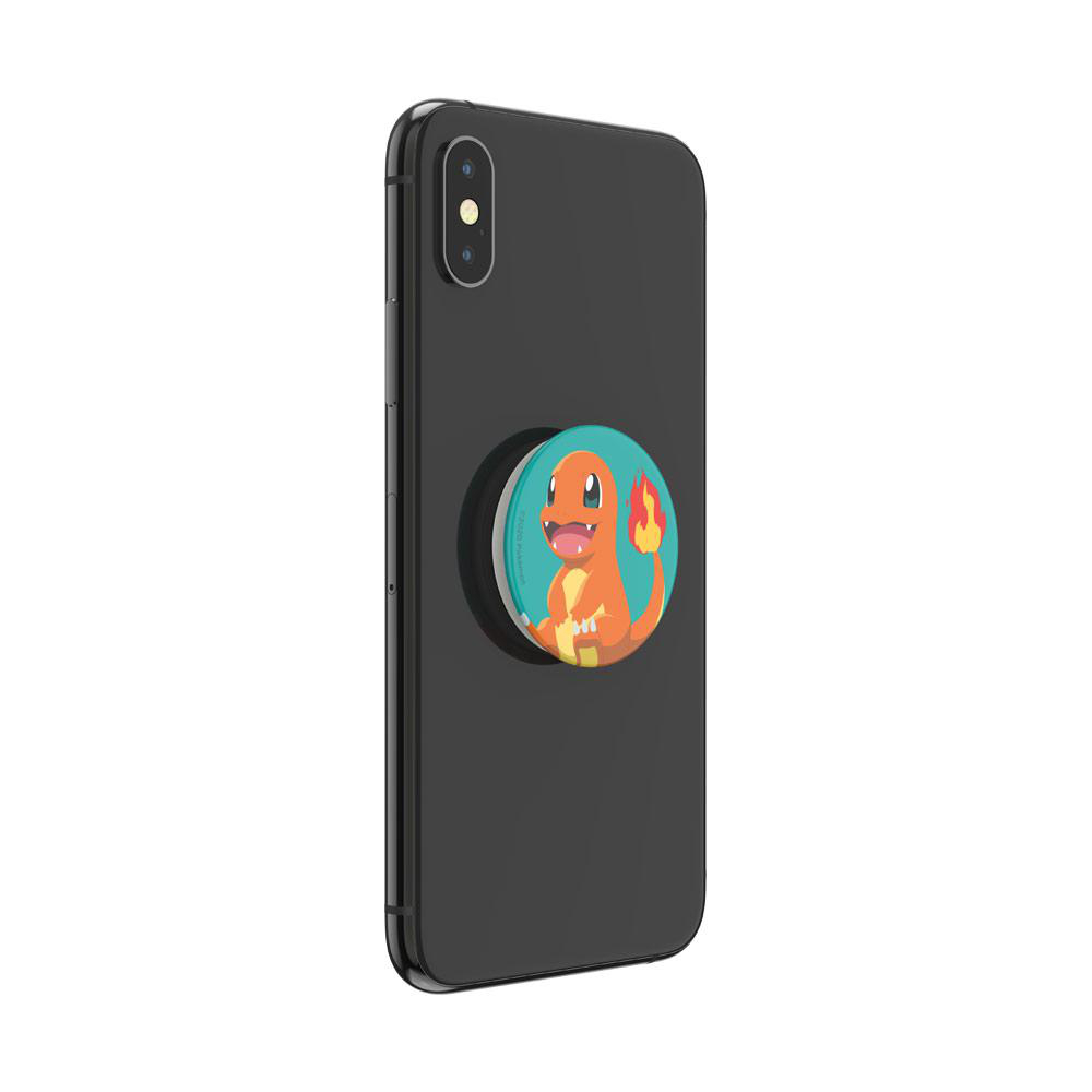 Schwarzes Telefon mit einem Charmander PopSocket. Oranger Charmander auf blauem Hintergrund.