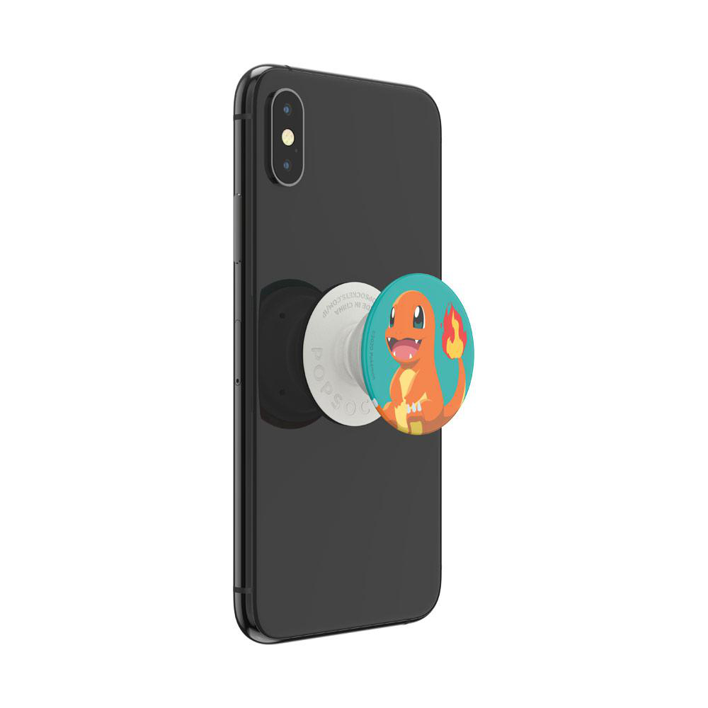 Schwarzes Telefon mit einem Charmander PopSocket. PopSocket ist orange und gelb mit blauem Hintergrund.