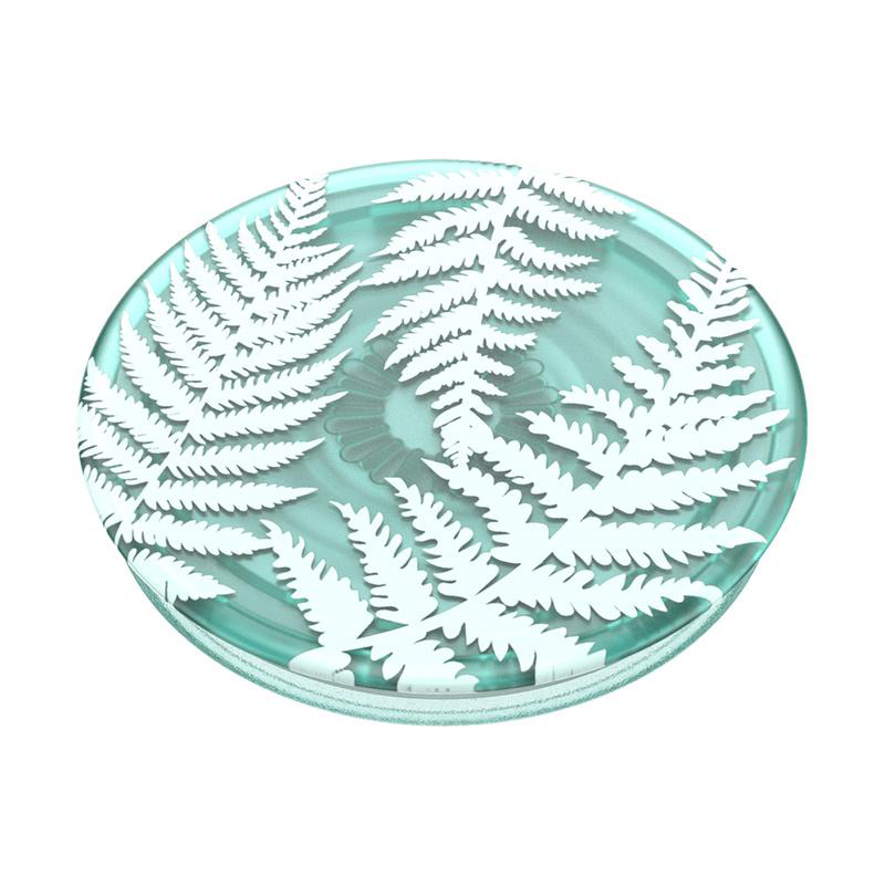Blauer PopSocket mit Farn-Design, isoliert auf Weiß.