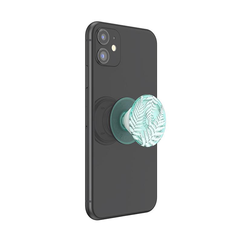 Ein schwarzes iPhone mit einem grün-weißen Farn-PopSocket auf der Rückseite.