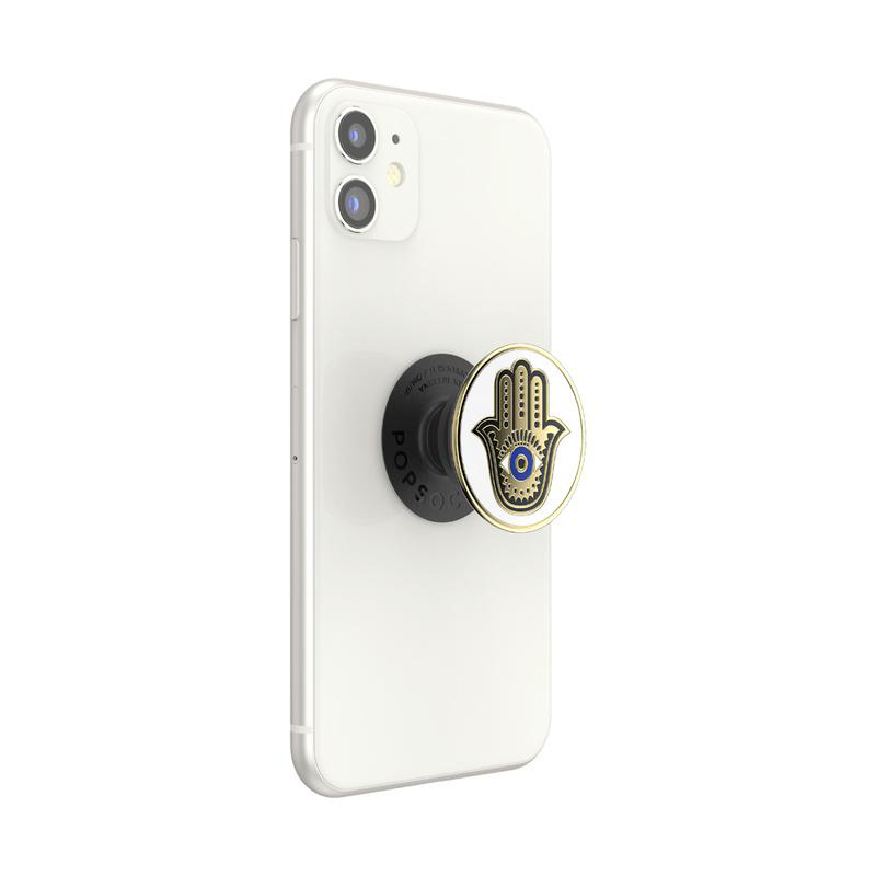Ein weißes Telefon mit einem Hamsa-PopSocket.